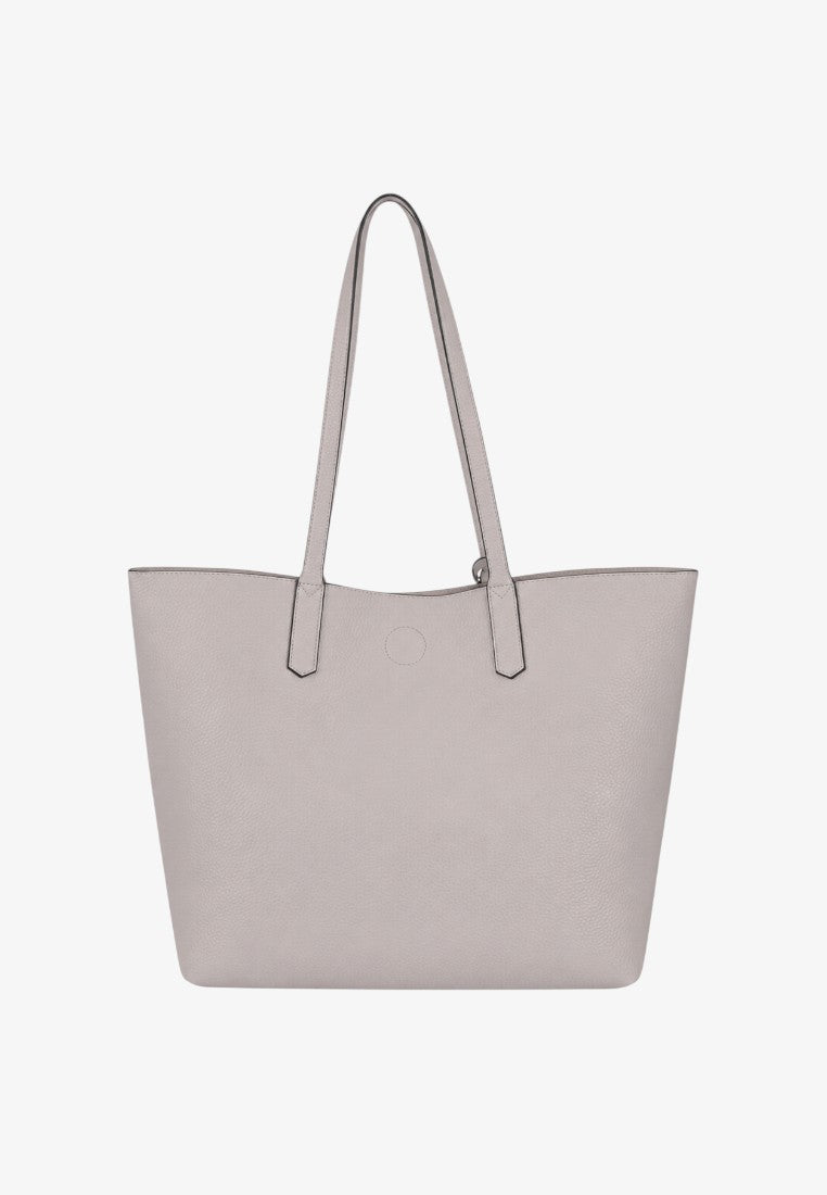 Back view of a light gray tote bag against a white background.