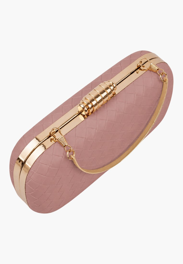 Side view of a pink clutch bag featuring a gold chain and compact size against a white background.
