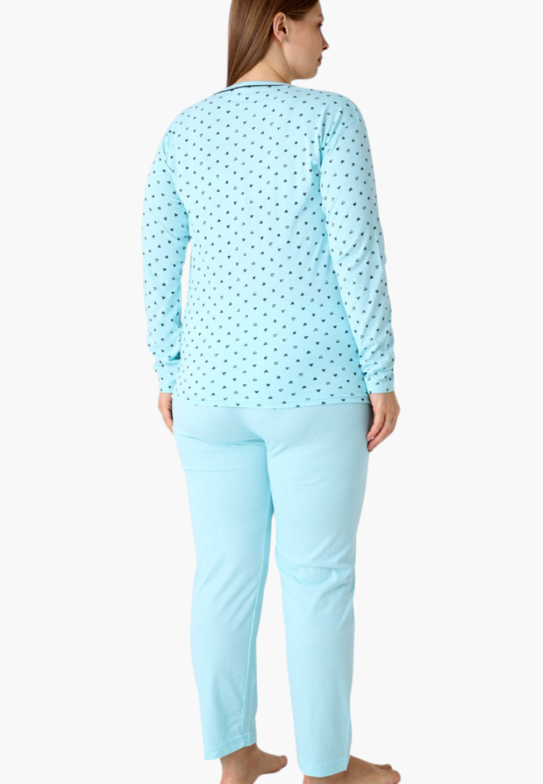 Back view of light blue cotton pajama set with long sleeves and matching trousers.
