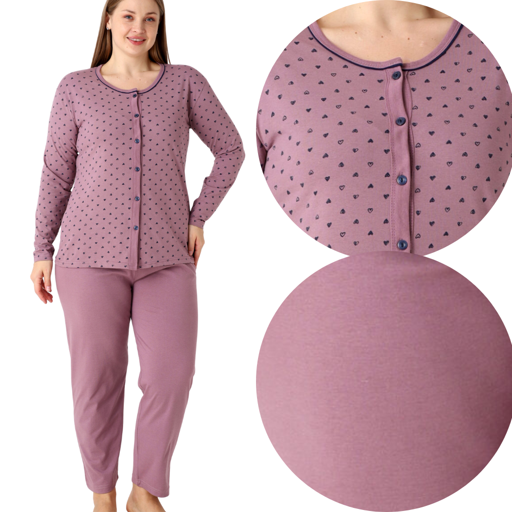 Detail close-up of the purple pajama set with button closure and polka dots on a white background.