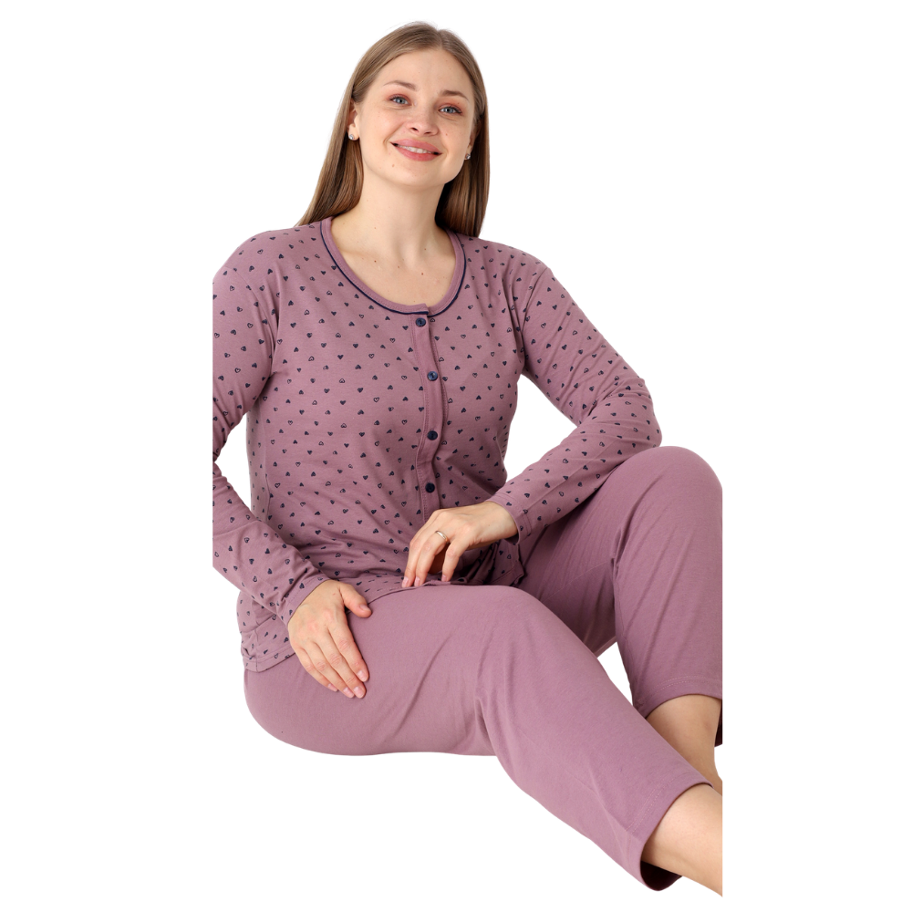 Lifestyle shot of the purple pajama set featuring button closure and polka dots.