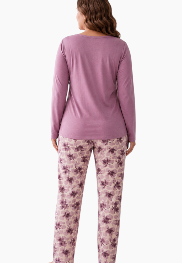 Front view of the purple pajama set showcasing the v-neck top and floral print pants.