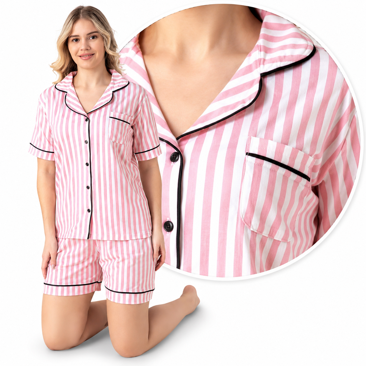 Lifestyle shot of pink striped pajamas with short sleeves and pocket detail.