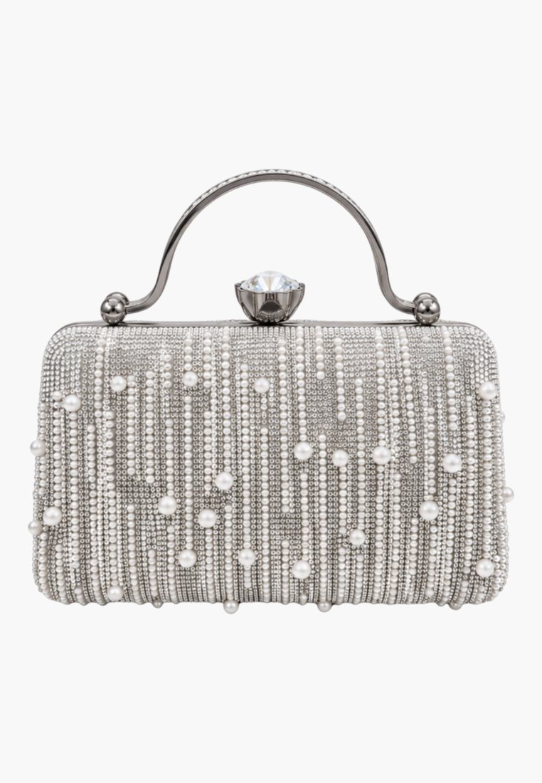 Front view of the wielokolorowa kopertówka wizytowa with beaded design in silver and white.