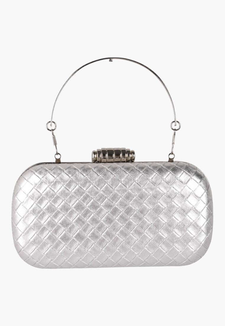 Front view of a silver clutch bag with a metallic finish on a white background