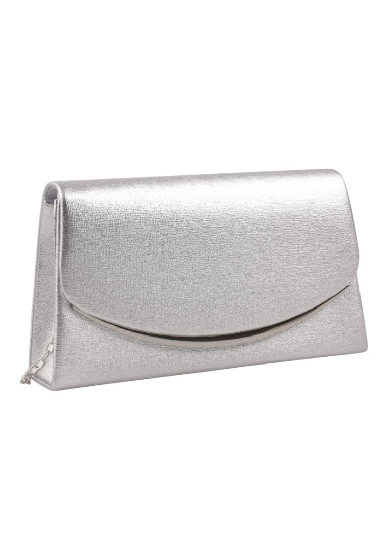 Front view of a silver clutch bag with a smooth finish and fold-over flap.