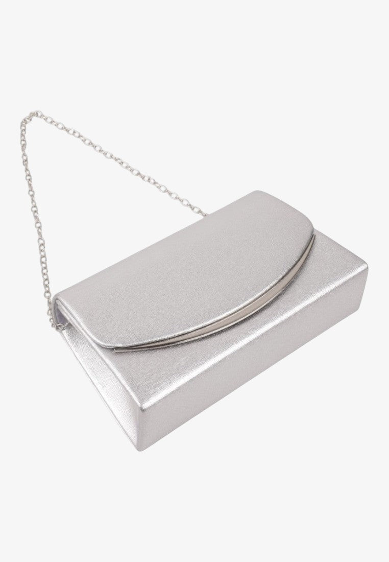 Side view of a silver clutch bag featuring a chain strap and rounded flap.