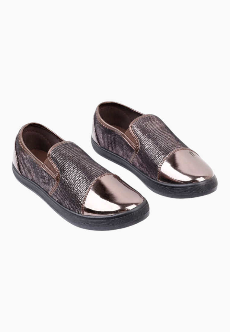 Front view of the brown slip-on shoes with metallic finish.