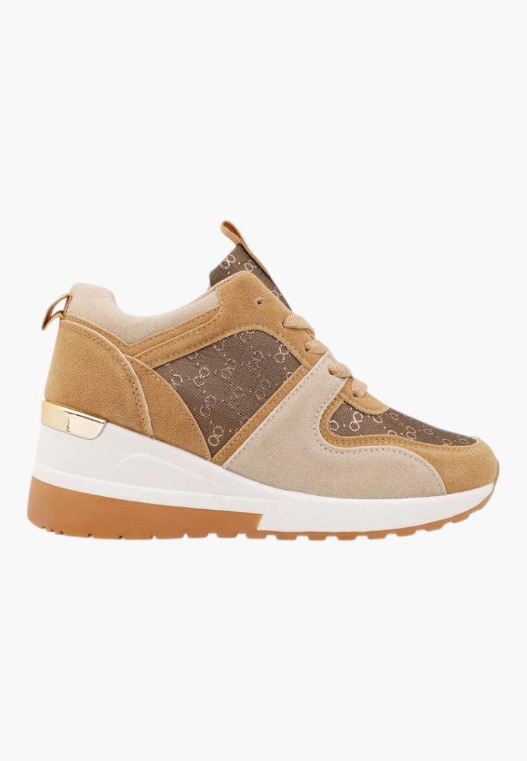 Front view of brown and beige sneakers with lace-up design.