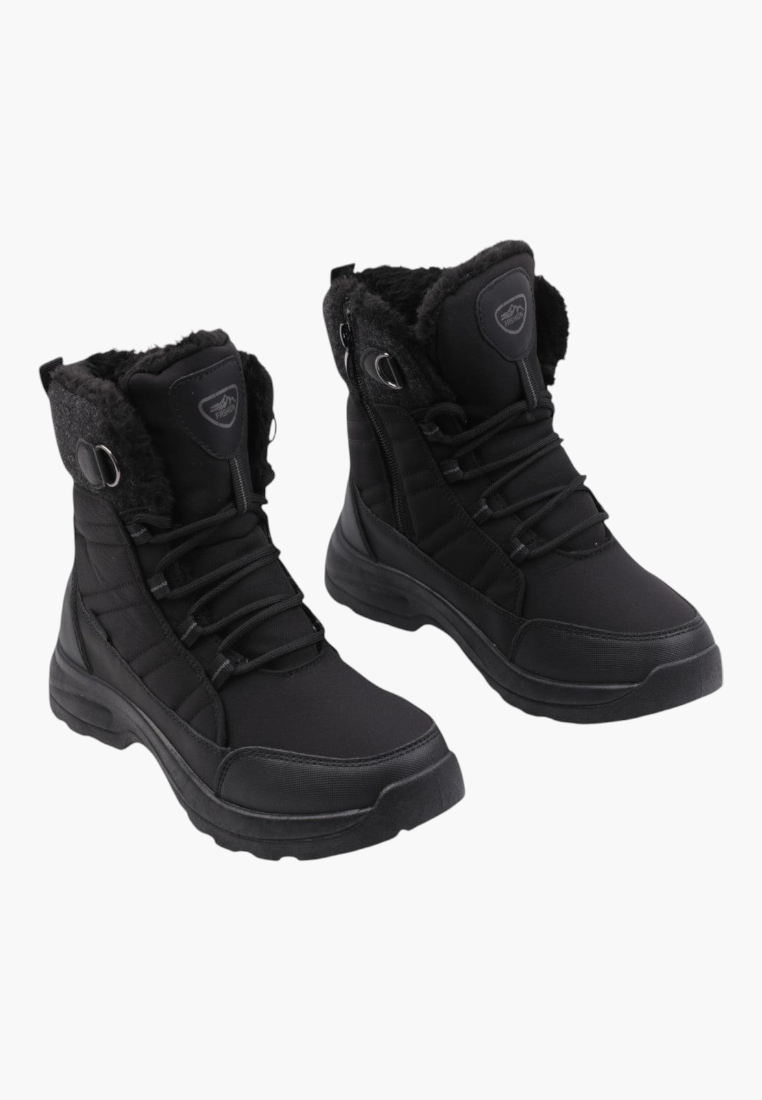 Front view of black lace-up boots with padded collar on a white background.