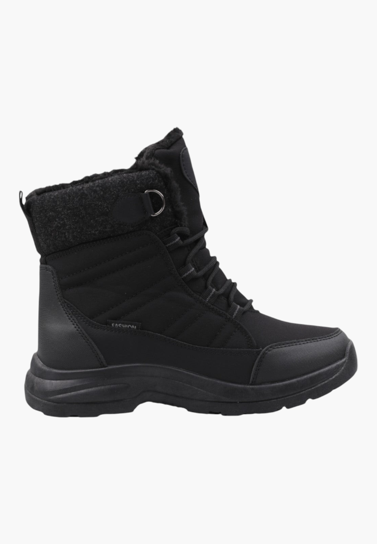 Side view of black boots featuring a chunky sole and strap detail on a white background.