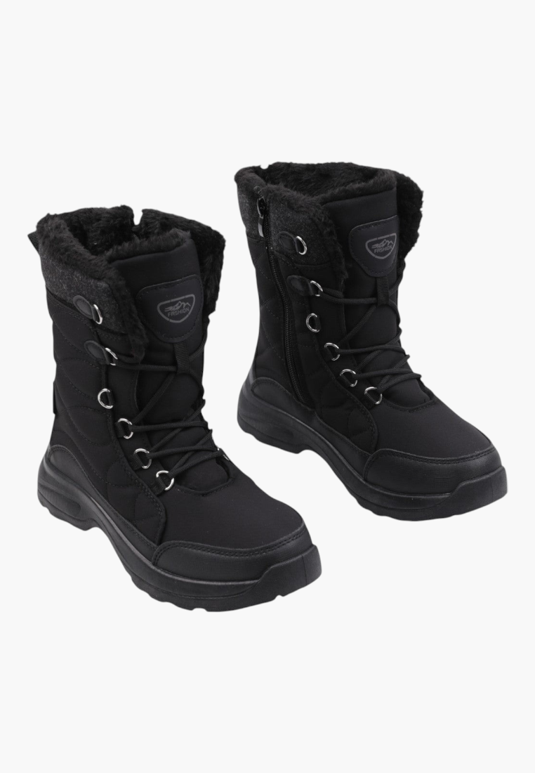 Detail view of black winter boots showcasing flexible sole and water-resistant features.
