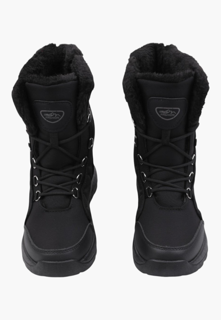 Top view of black winter boots with lace-up design and reinforced toe.