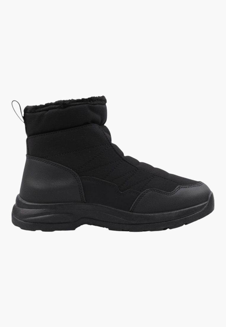 Top view of black winter boots featuring padded collar and elastic band.