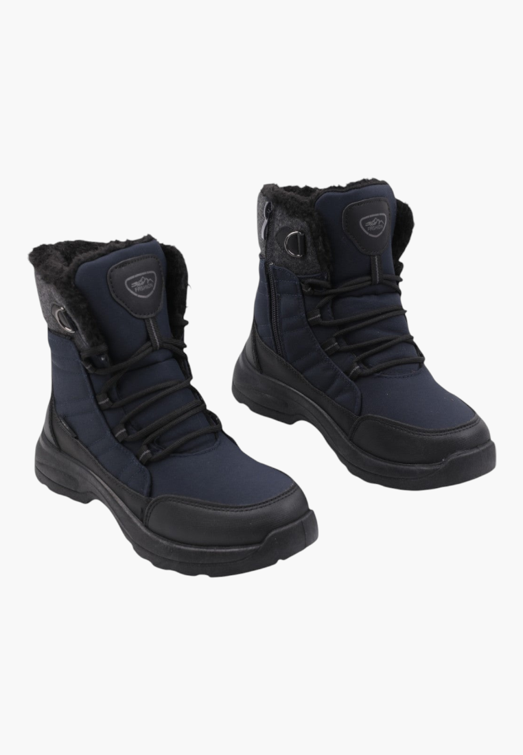 Front view of navy blue winter boots with lace-up design and padded collar.