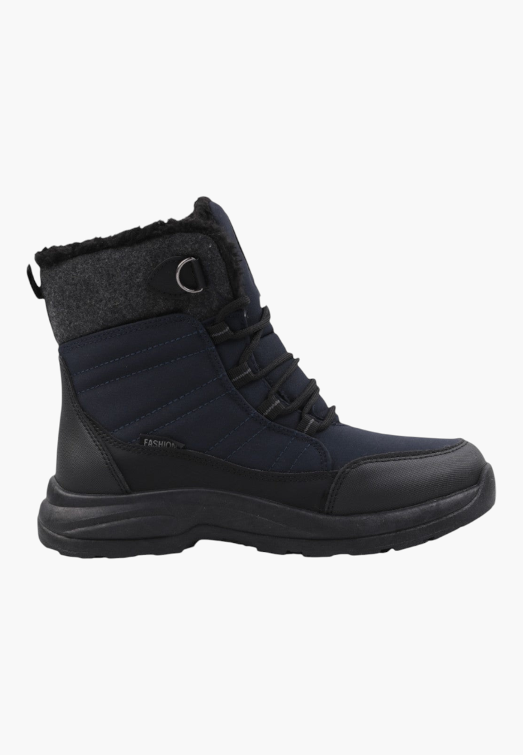 Side view of navy blue winter boots featuring a textured upper and round toe.