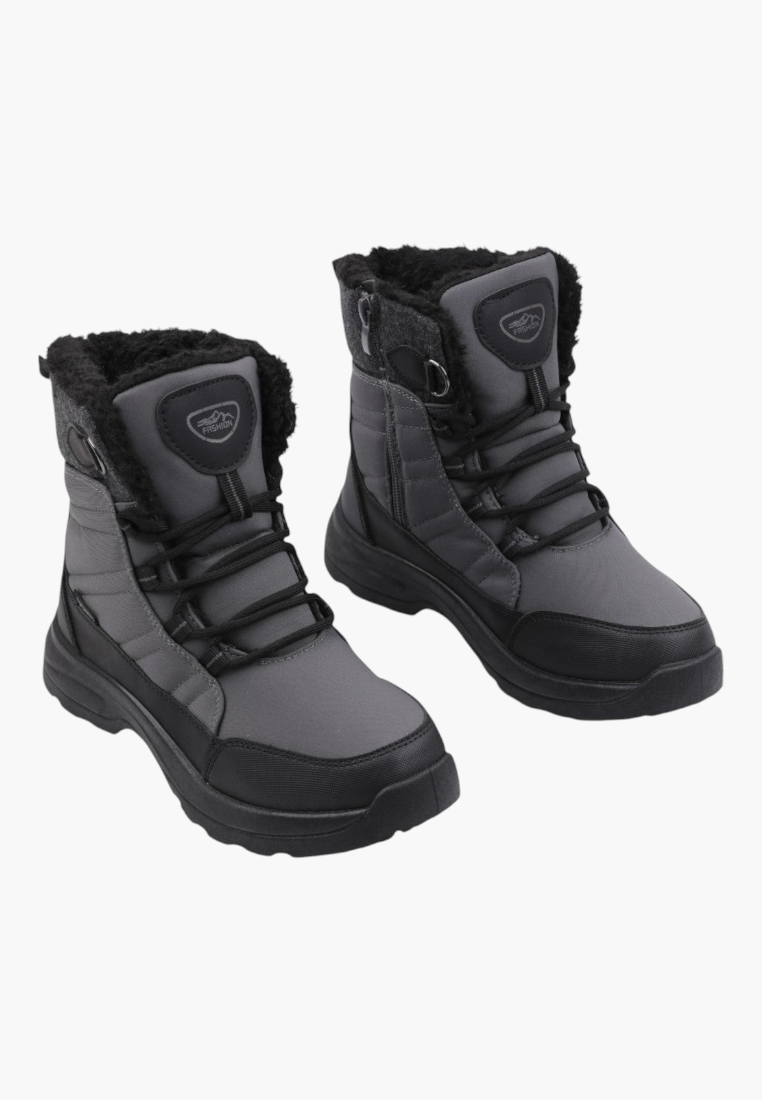 Front view of gray lace-up winter boots with fur lining on a white background.