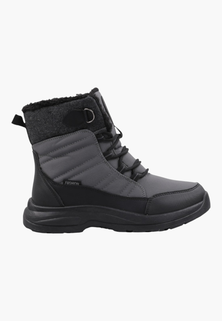 Side view of gray high-top winter boots with textured panels on a white background.