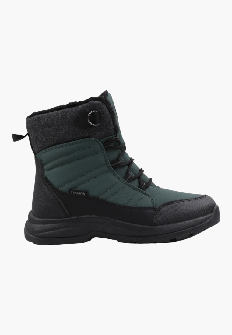 Side view of green winter boots featuring a zipper closure and high ankle.