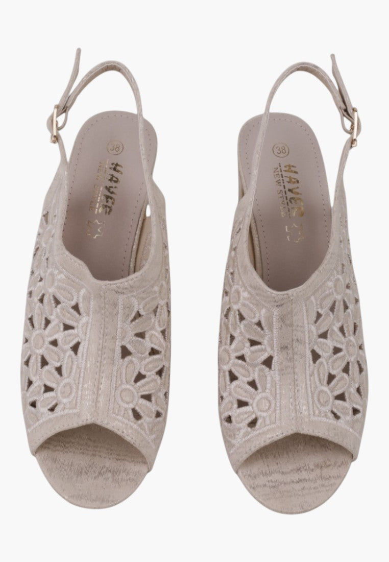 Widok z góry beżowych sandałów z odkrytymi palcami i paskiem slingback.