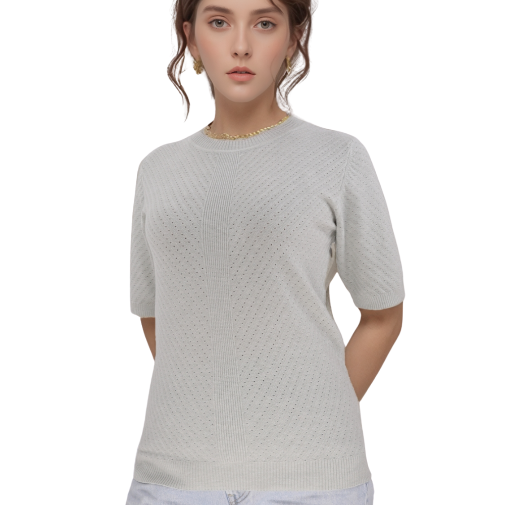 Front view of a gray t-shirt featuring short sleeves and round neckline.