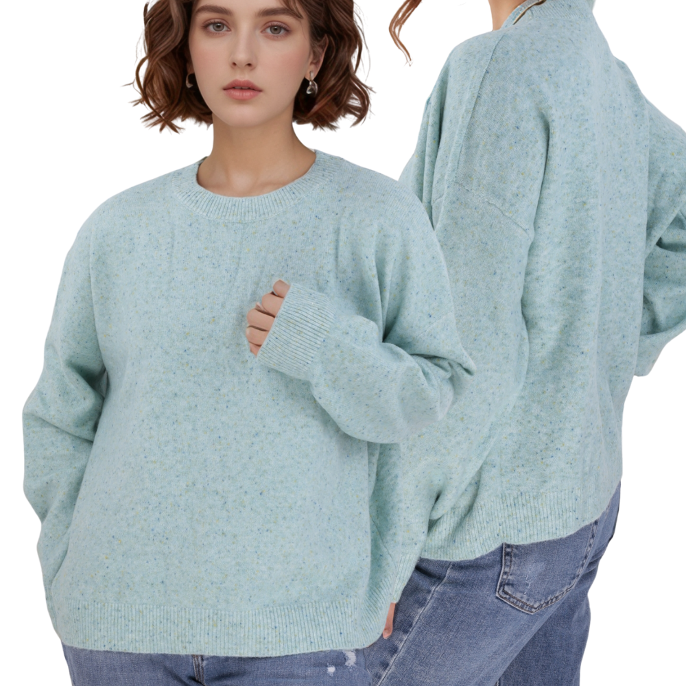 Front view of the light blue sweater featuring long sleeves and crew neck.