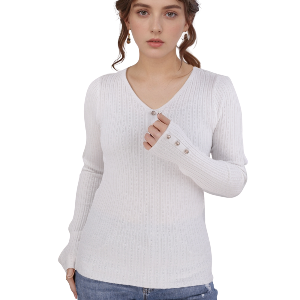 Front view of the white long-sleeve top featuring a V-neck and button details.