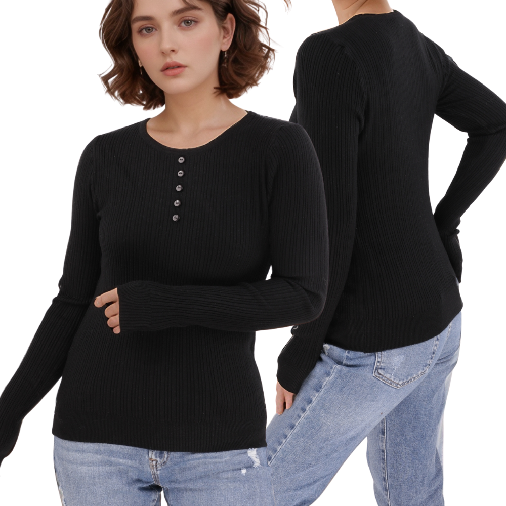 Czarny sweter damski z długim rękawem, widok z przodu na białym tle.