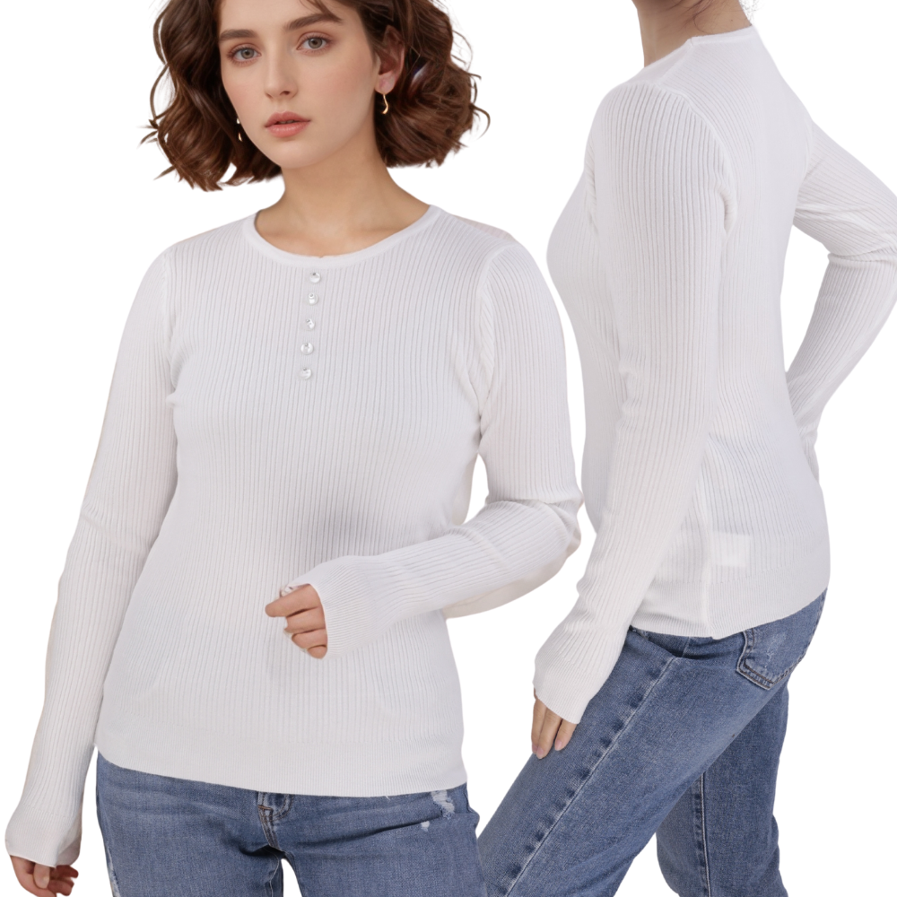 Front view of the white long-sleeve sweter with a round neckline.