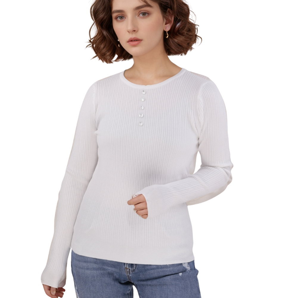 Front view of the white long-sleeve sweter on a white background.