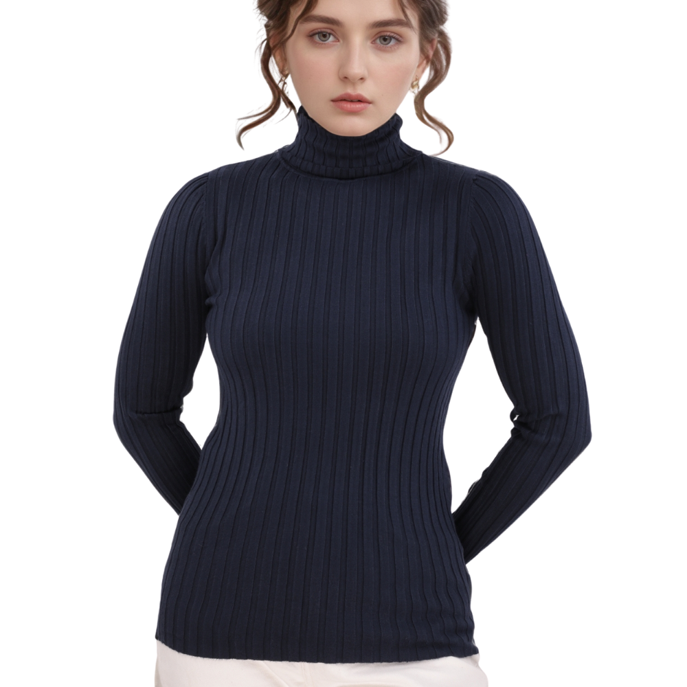 Back view of the niebieski sweter damski z wysokim kołnierzem i długim rękawem.