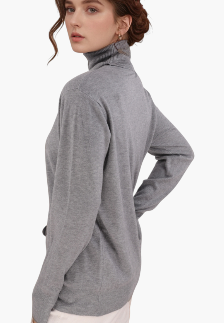 Back view of the gray turtleneck sweater with long sleeves on a white background.