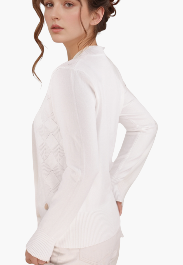 Front view of a textured white sweater with long sleeves.