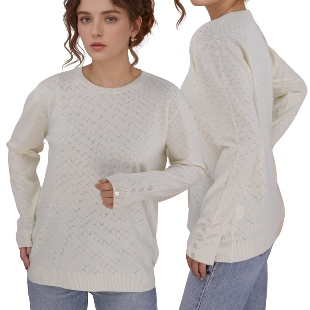 Stylowy sweter damski w kolorze kremowym, widok w stylu życia z długim rękawem.