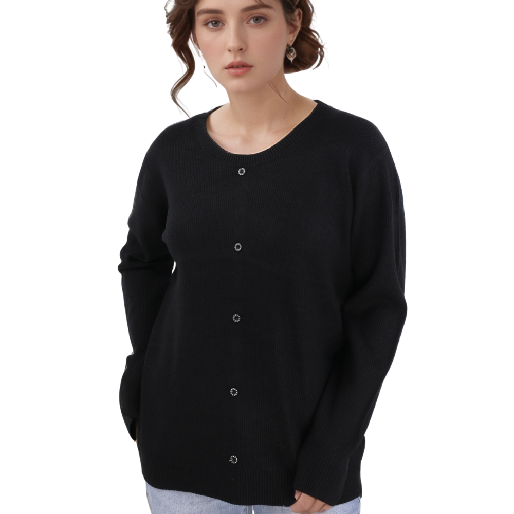 Back view of the black cardigan featuring long sleeves and button closure against a white background.
