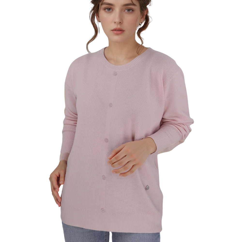Front view of a pink cardigan featuring button closure and long sleeves on a white background.