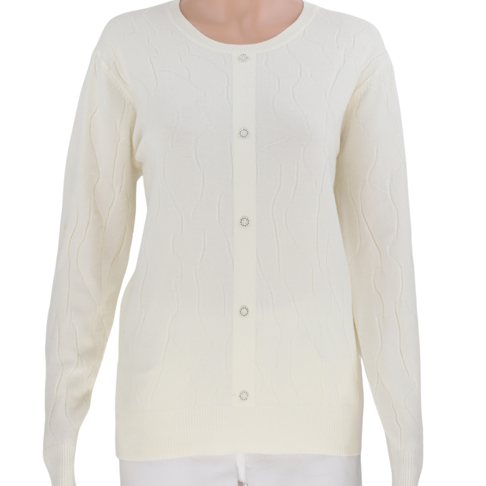 Front view of the cream sweter featuring long sleeves on a white background.
