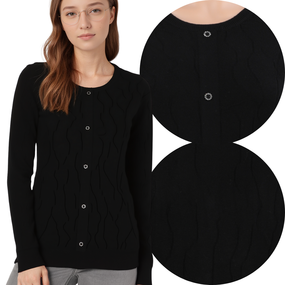 Lifestyle shot of a black cardigan with long sleeves on a white background.