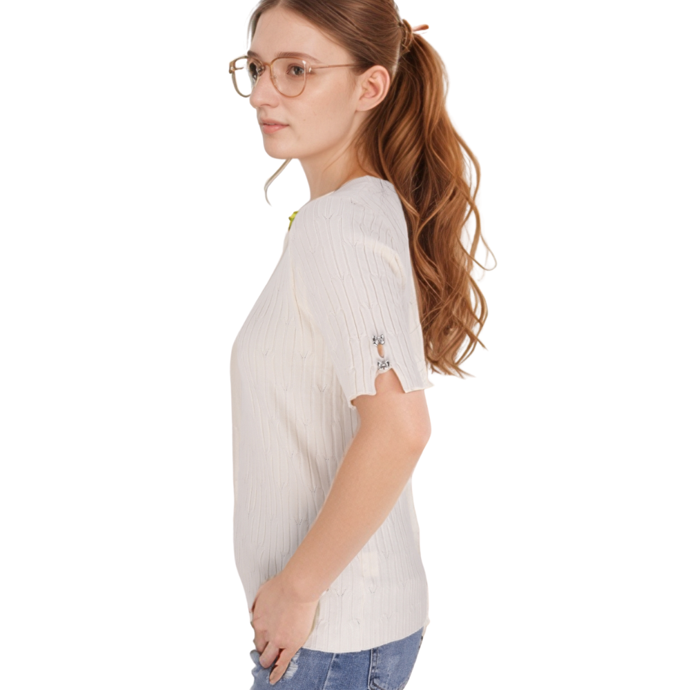 Side view of the black women's sweater showcasing its short sleeves and round neckline.