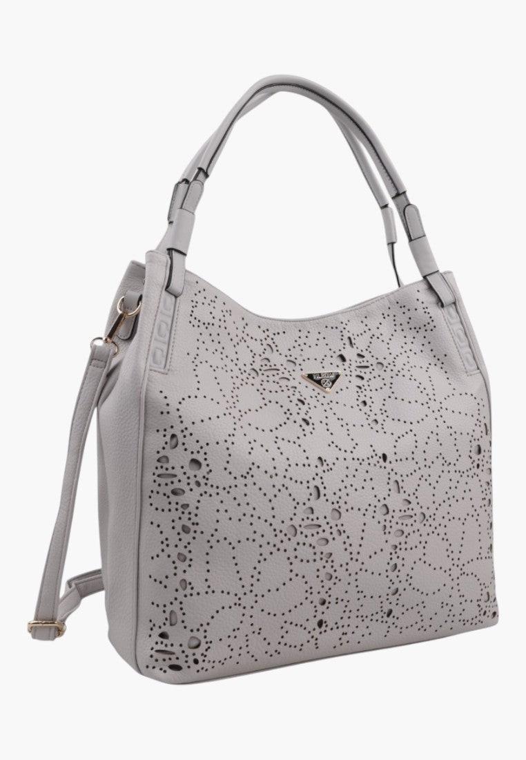 Szara torebka shopper na ramię z teksturowanym materiałem, widok z boku.