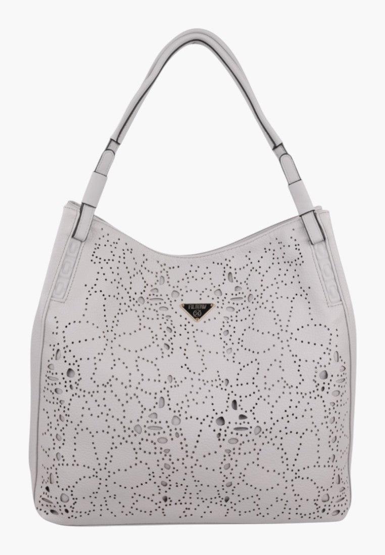 Frontowy widok szarej torebki shopper z zamkiem błyskawicznym i detalem logo.
