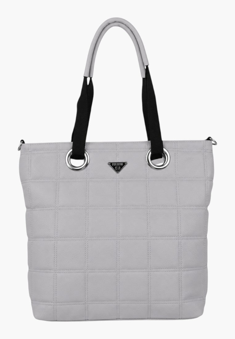 Szara torebka shopper z przodu, pikowany wzór i podwójne uchwyty.