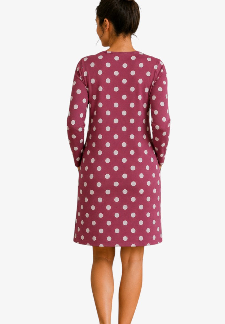 Back view of a burgundy cotton bathrobe with white polka dots and knee-length cut.