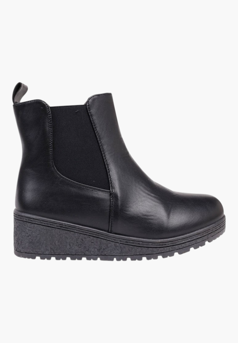 Side view of black ankle boots featuring elastic panels and sleek profile.
