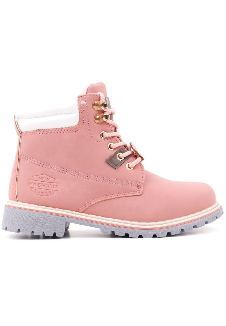Side view of pink boots featuring fur lining and metallic eyelets on a white background.