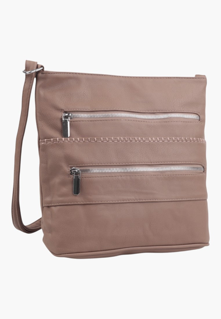 Front view of a beige shoulder bag with two zippered pockets on a white background.