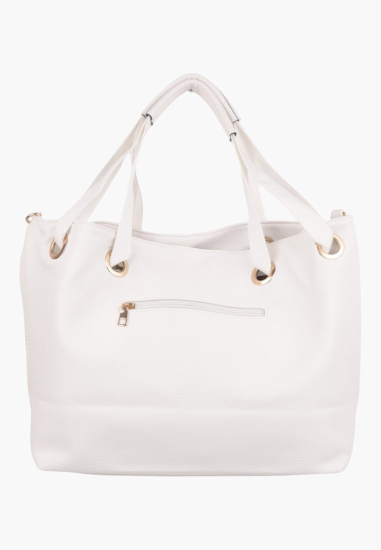 Front view of the wielokolorowej torebki damskiej shopper z złotymi detalami.