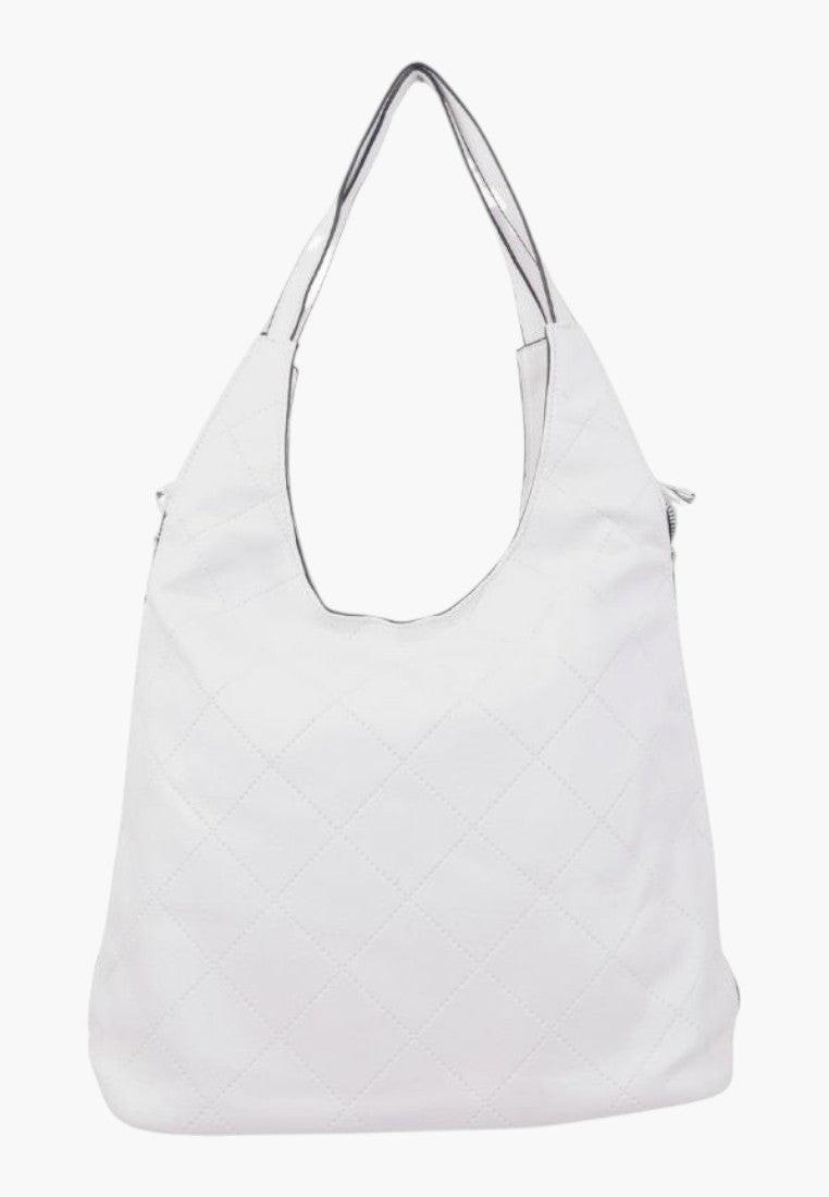 Wielokolorowa torebka damska shopper na ramię z przodu, duża, miękka, biała.