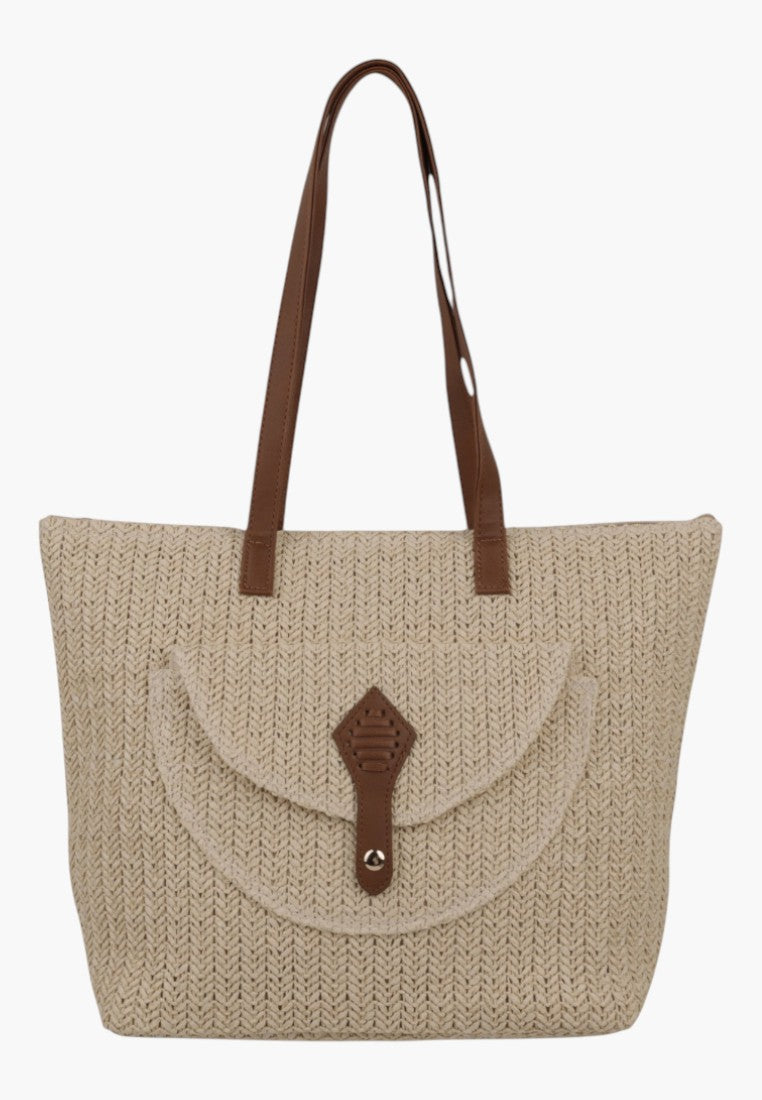 Wielokolorowa torebka shopper na ramię, widok z przodu, z dwoma brązowymi paskami.
