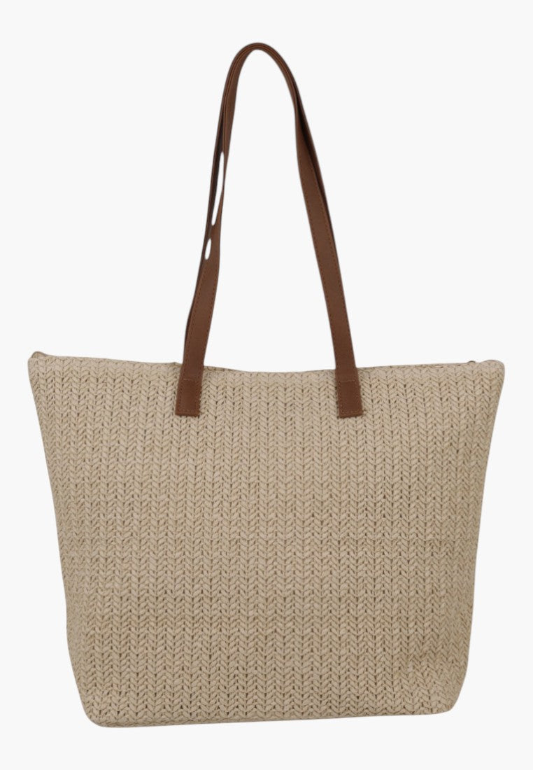Wielokolorowa torebka shopper na ramię, widok z tyłu, z dwoma brązowymi paskami.